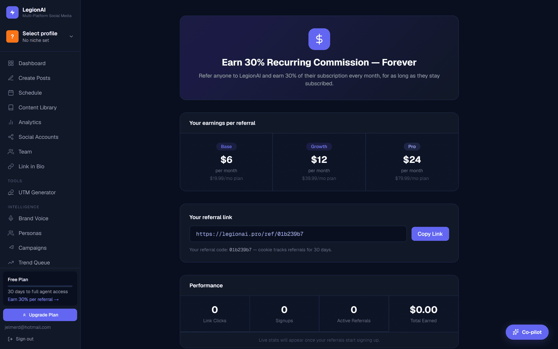 Affiliate program dashboard with earnings
